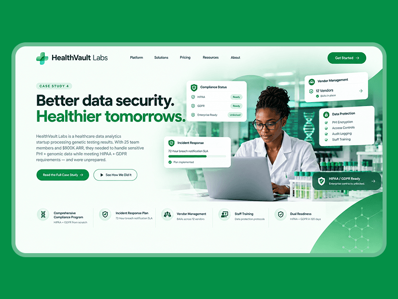HealthVault Labs dashboard showing HIPAA and GDPR compliance status
