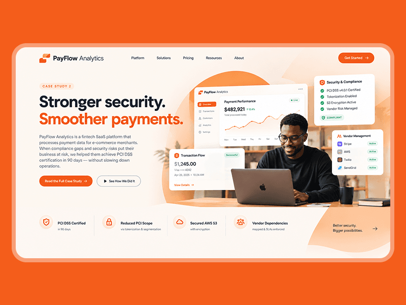 PayFlow Analytics dashboard showing PCI DSS compliance and payment monitoring